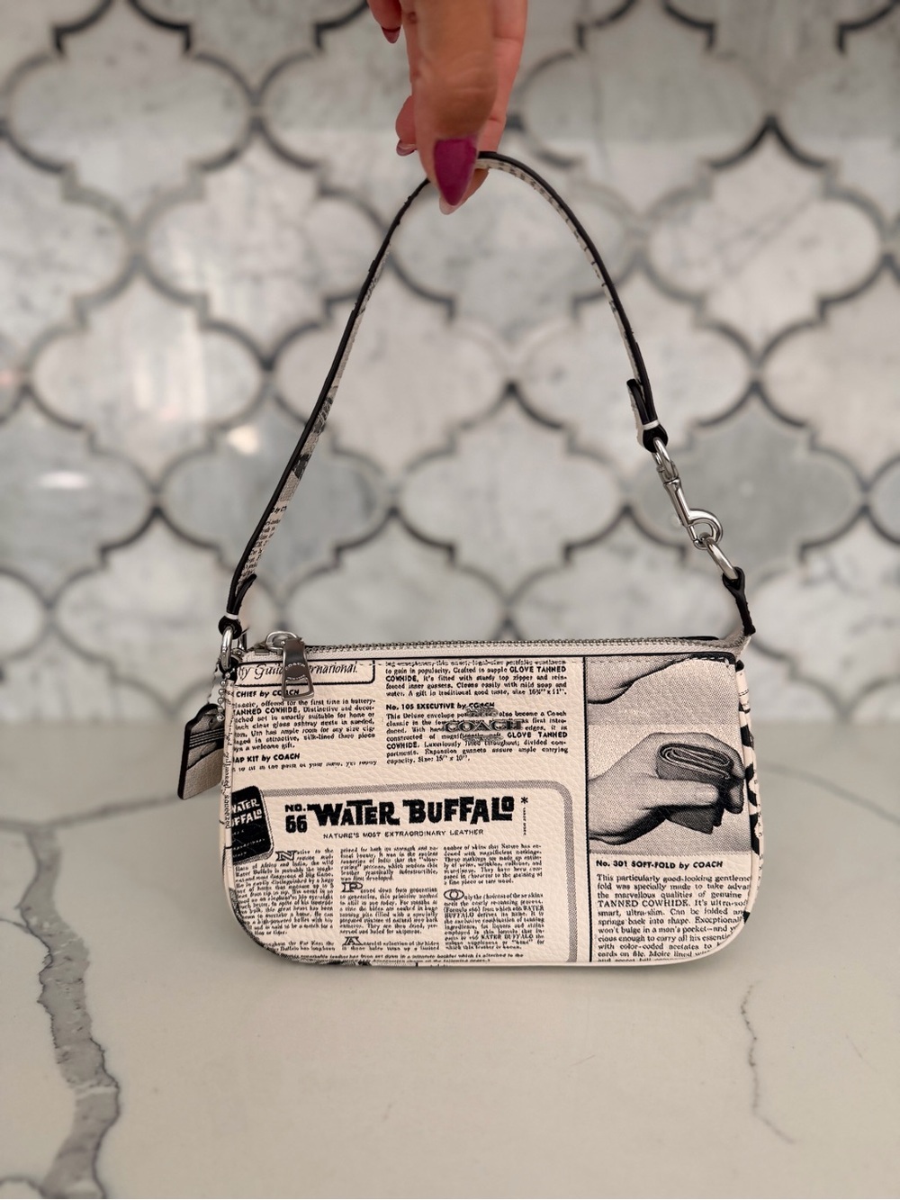 Coach White and Black Newspaper Print Leather Shoulder Bag